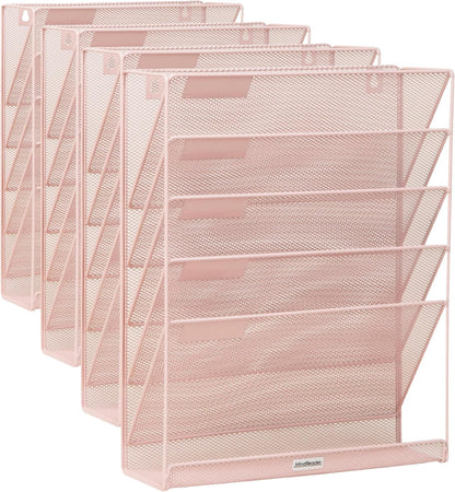 Mind Reader 5-Pocket Vertical File Storage, Desktop Organizer, Wall Mount, Office, Metal Mesh, Pink