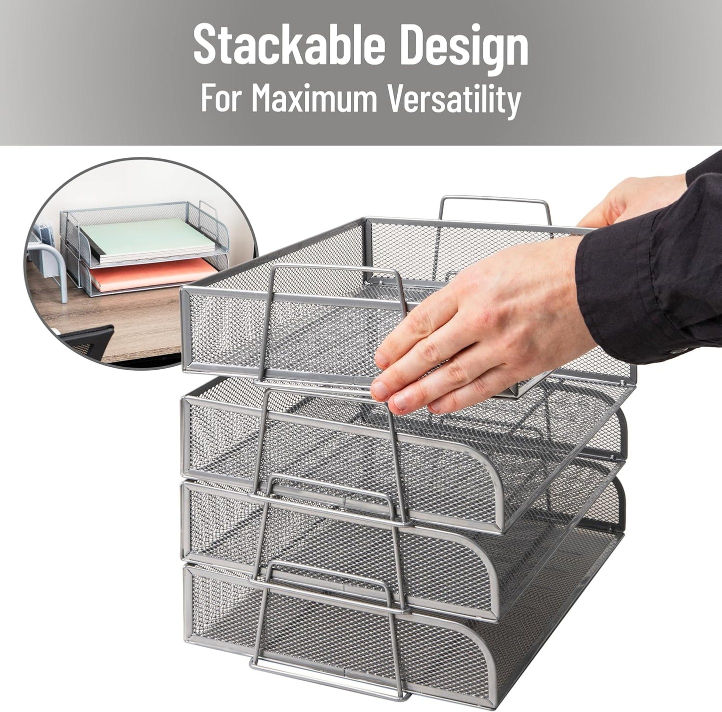 Mind Reader Stackable Paper Tray, Desktop Organizer, File Storage, Office, Metal Mesh, 4 Pcs., Black