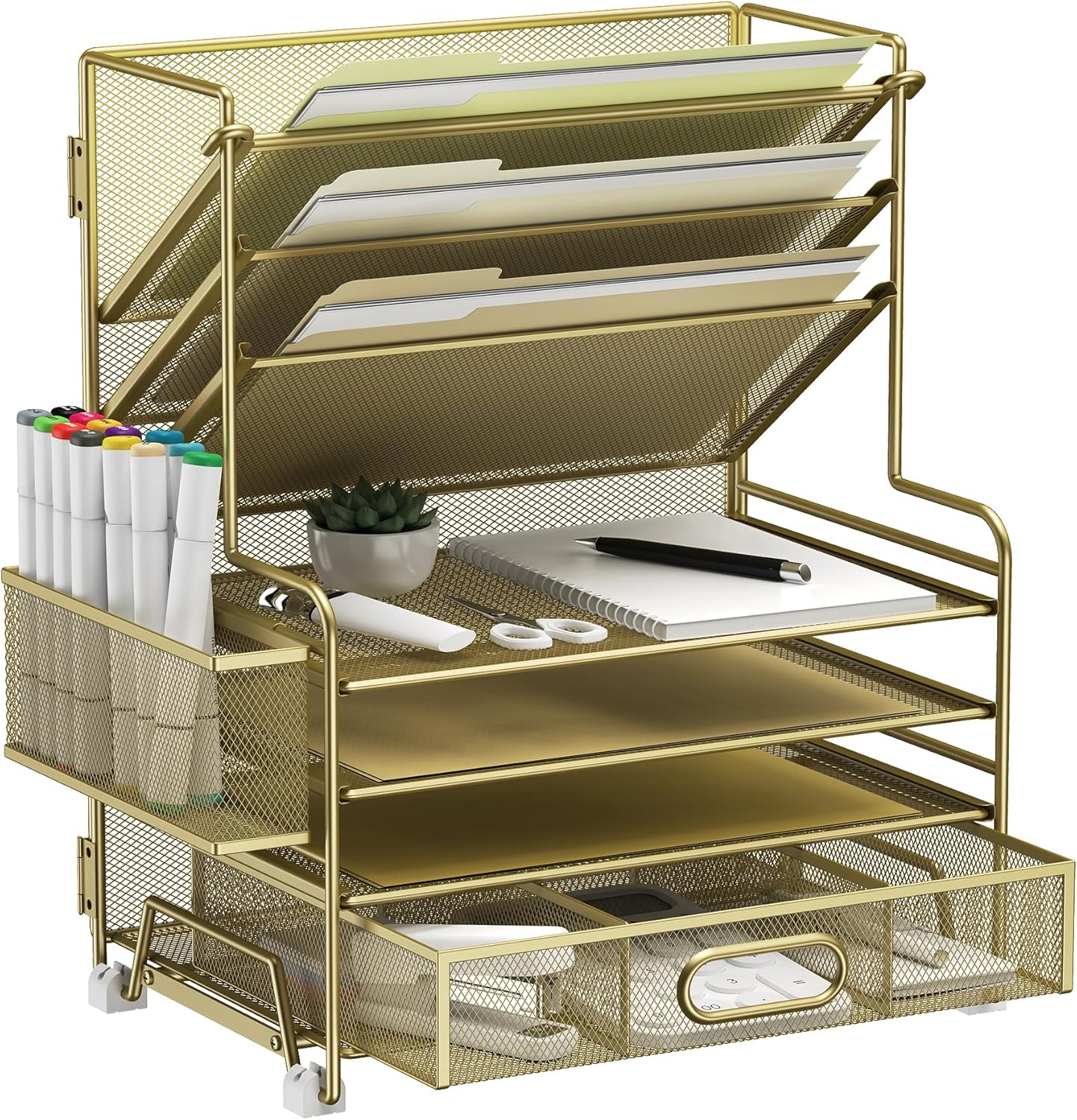 MINDEPOT 4-Tier Paper Organizer + 3-Pocket File Holder + Drawer + Pen Holders, Desktop File Organizers Paper Tray for Office Accessories School Classroom Organization (Black)