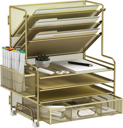 MINDEPOT 4-Tier Paper Organizer + 3-Pocket File Holder + Drawer + Pen Holders, Desktop File Organizers Paper Tray for Office Accessories School Classroom Organization (Black)