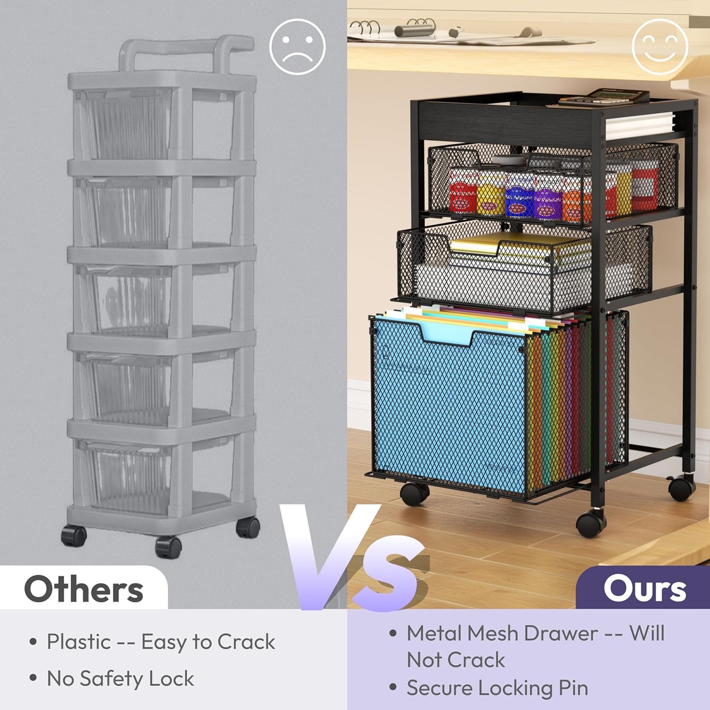 SWTYMIKI Rolling File Cart with Drawers - 4 Tier Under Desk Storage Craft Rolling Organizer Cart - Office Storage &Organization, Mobile Metal Filing Cabinet for Office and Home Espresso