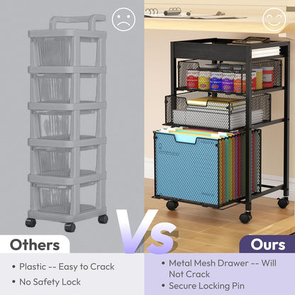 SWTYMIKI Rolling File Cart with Drawers - 4 Tier Under Desk Storage Craft Rolling Organizer Cart - Office Storage &Organization, Mobile Metal Filing Cabinet for Office and Home Espresso