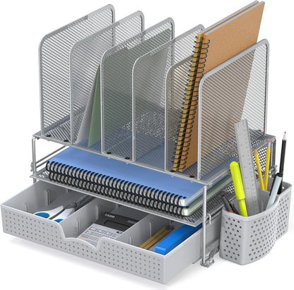 Simple Houseware Mesh Desk Organizer with Sliding Drawer, Double Tray and 5 Upright Sections, Black