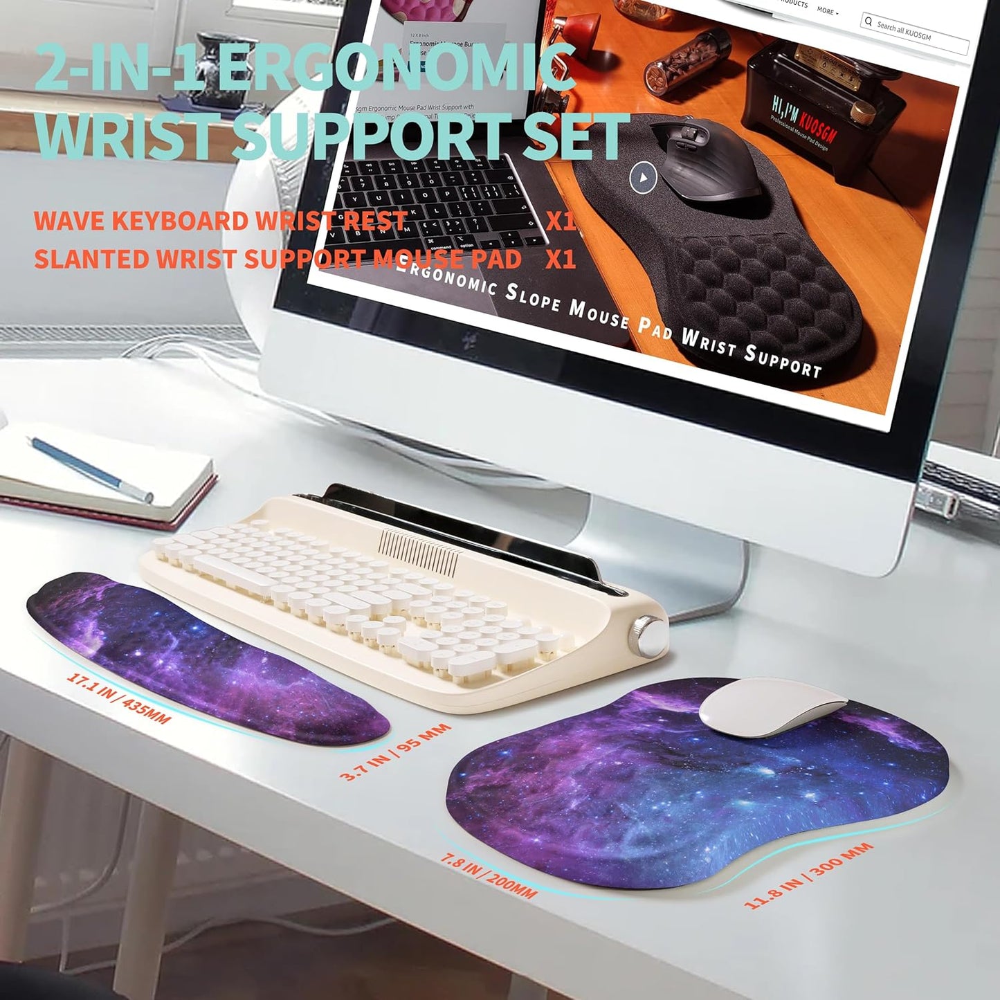 2-in-1 Ergonomic Set, Wave Rise Keyboard Wrist Rest and Massage Bulge Slope Mouse Pad Wrist Support, Cushion Memory Foam Integrated to Relieve Wrist Pain, Black