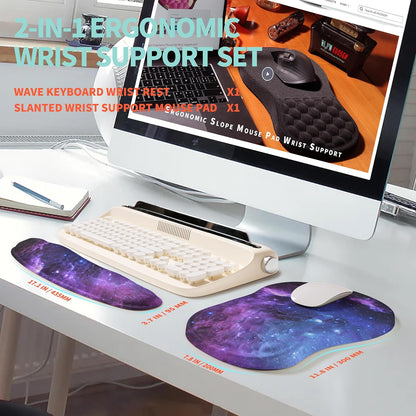 2-in-1 Ergonomic Set, Wave Rise Keyboard Wrist Rest and Massage Bulge Slope Mouse Pad Wrist Support, Cushion Memory Foam Integrated to Relieve Wrist Pain, Black