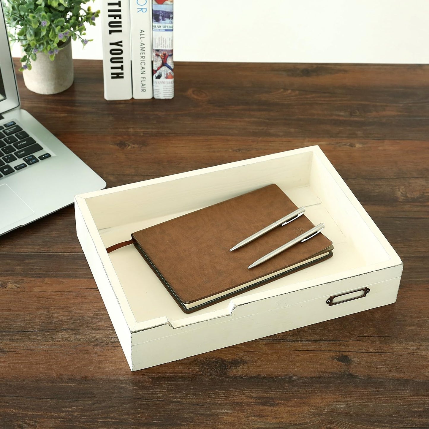 MyGift Distressed Brown Vintage Wood Paper Tray, Office Desktop Document, File Folder, Magazine Holder Tray