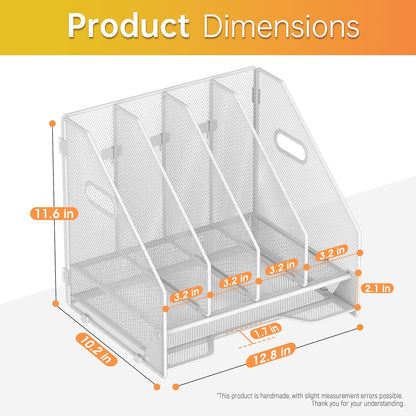 Docnest Desk File Holder Sorter, 4 Vertical Compartments Rack with Letter Tray, Mesh Magazine File Holder with Handle,Workspace Organizers,Desk Organizers for Paper, Mail, Documents-Black