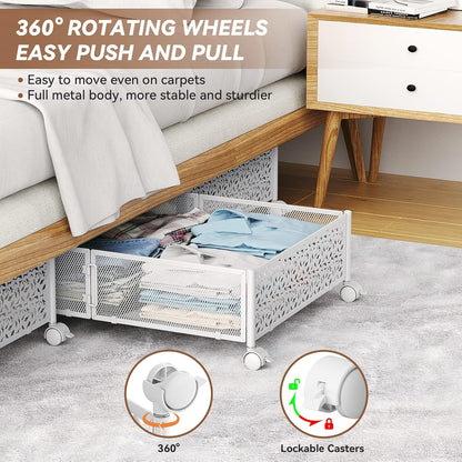 PHINOX Under Bed Storage Containers with Wheels, Under Bed Shoe Storage Organizer Drawer, Tool-free Assembly Metal Storage Containers for Bedroom Clothes Shoes Blankets -2PCK