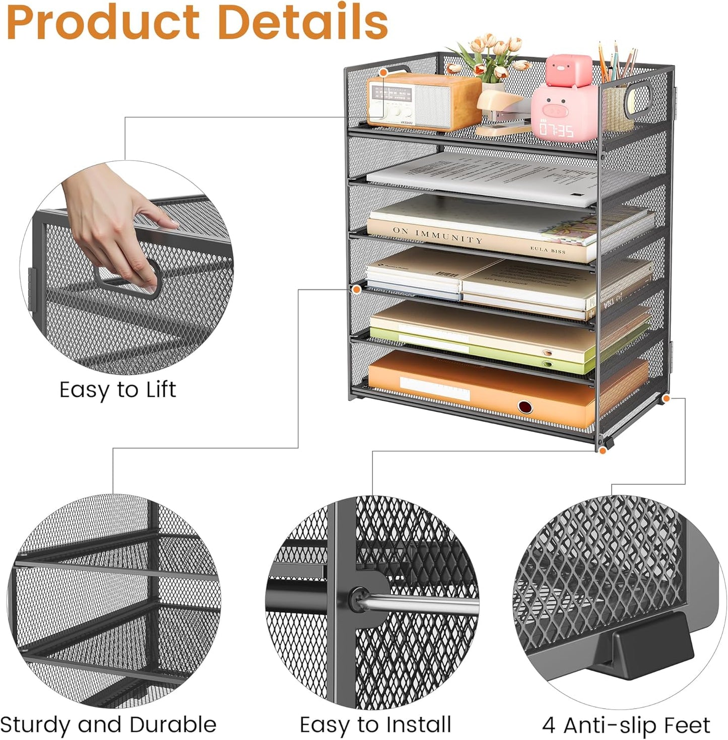 Subekyu 6 Tier Office File Paper Desk Tray Organizer with Handle, Stackable Slide Mesh Letter Tray Folder Blue Desk Organizer, Desktop Document Sorter for Classroom, Office, Home Supplies Storage