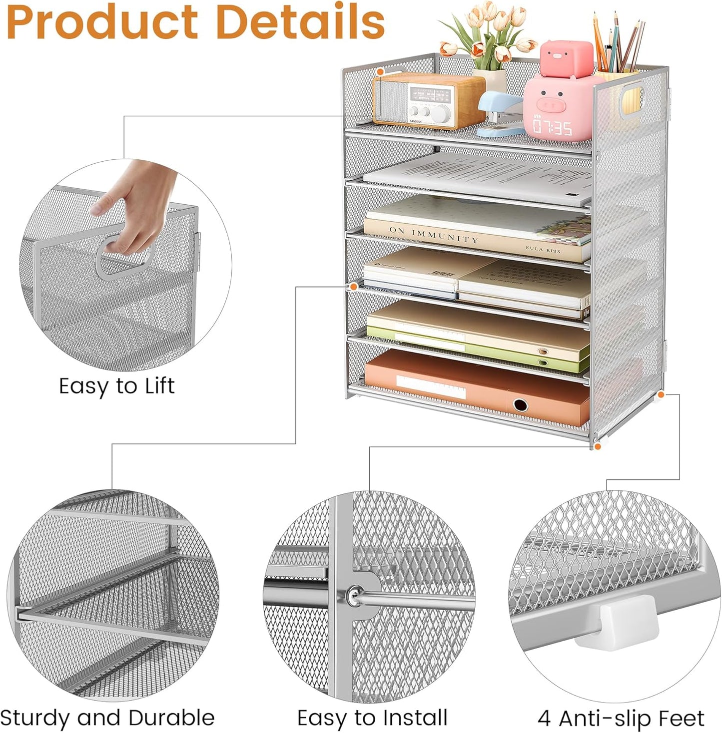 Subekyu 6 Tier Office File Paper Desk Tray Organizer with Handle, Stackable Slide Mesh Letter Tray Folder Blue Desk Organizer, Desktop Document Sorter for Classroom, Office, Home Supplies Storage