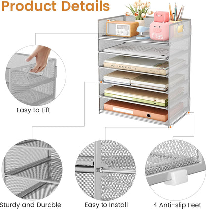Subekyu 6 Tier Office File Paper Desk Tray Organizer with Handle, Stackable Slide Mesh Letter Tray Folder Blue Desk Organizer, Desktop Document Sorter for Classroom, Office, Home Supplies Storage