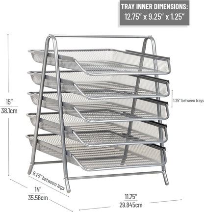 Mind Reader 5-Tier Paper Tray Organizer, Vertical Desktop File Storage Rack, Office, Metal Mesh, Black