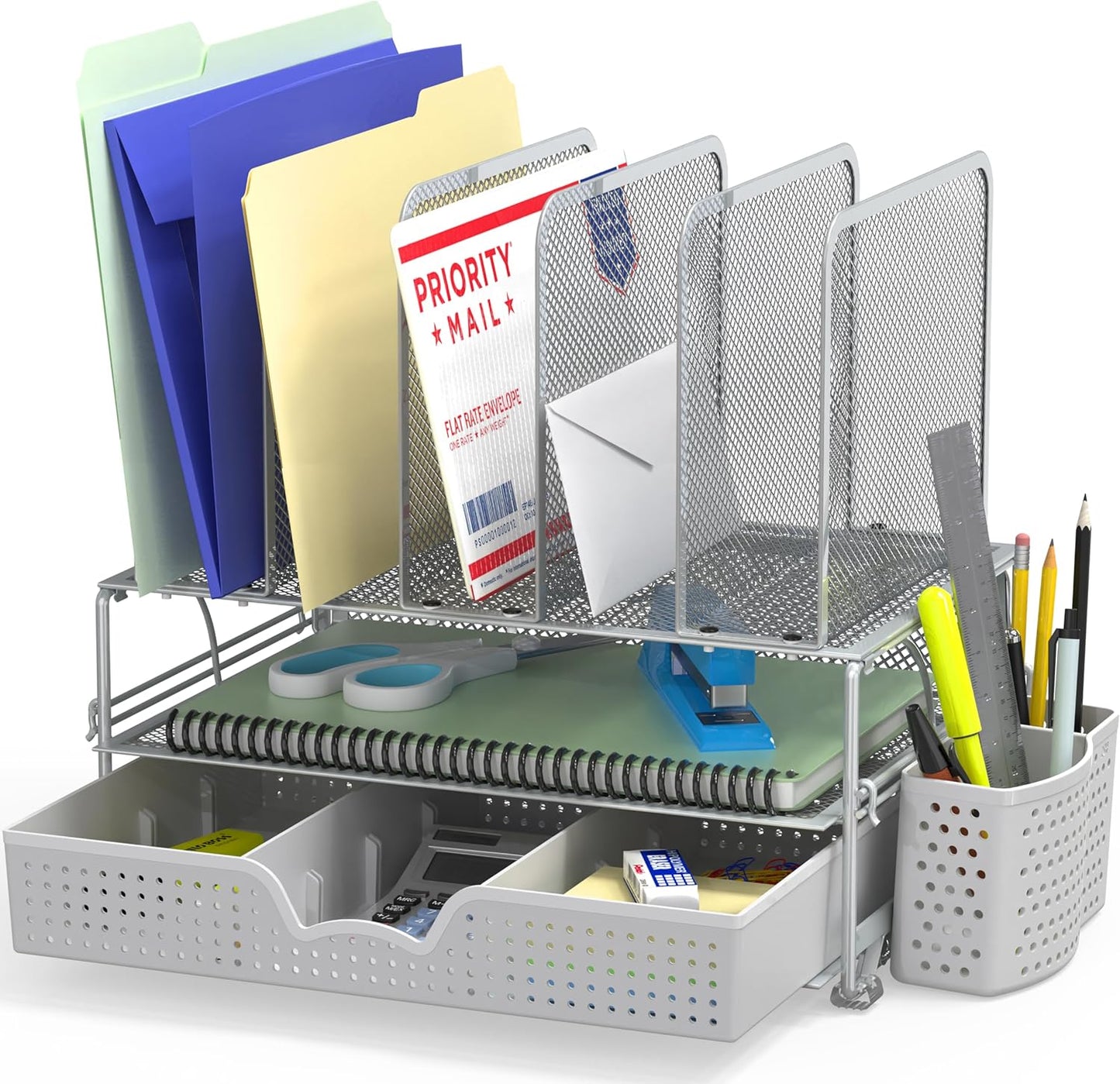 Simple Houseware Mesh Desk Organizer with Sliding Drawer, Double Tray and 5 Upright Sections, Black