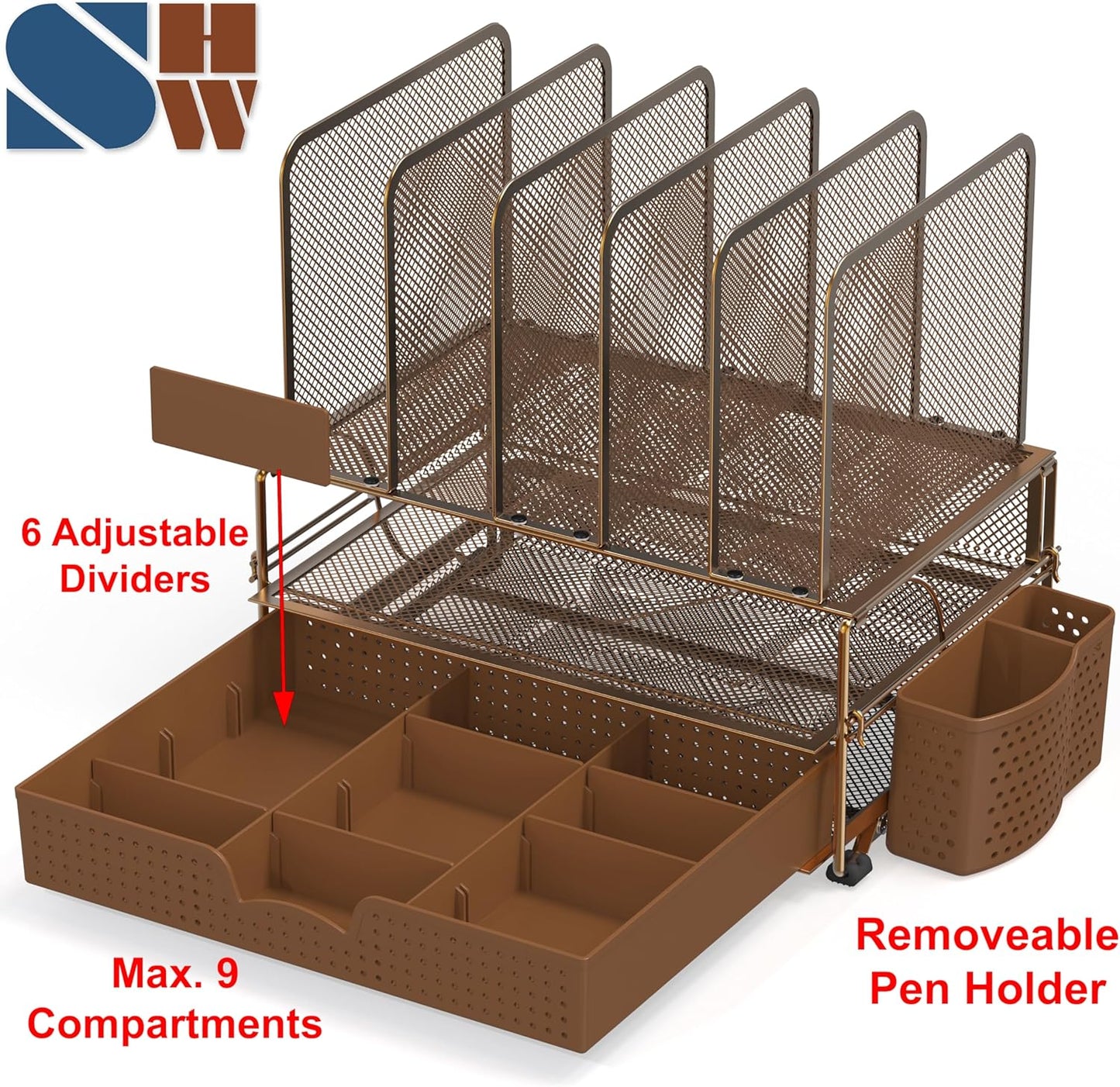 Simple Houseware Mesh Desk Organizer with Sliding Drawer, Double Tray and 5 Upright Sections, Black