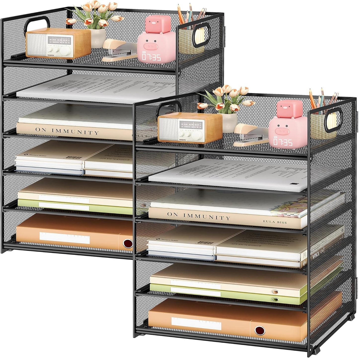 Subekyu 6 Tier Office File Paper Desk Tray Organizer with Handle, Stackable Slide Mesh Letter Tray Folder Blue Desk Organizer, Desktop Document Sorter for Classroom, Office, Home Supplies Storage