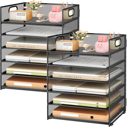 Subekyu 6 Tier Office File Paper Desk Tray Organizer with Handle, Stackable Slide Mesh Letter Tray Folder Blue Desk Organizer, Desktop Document Sorter for Classroom, Office, Home Supplies Storage