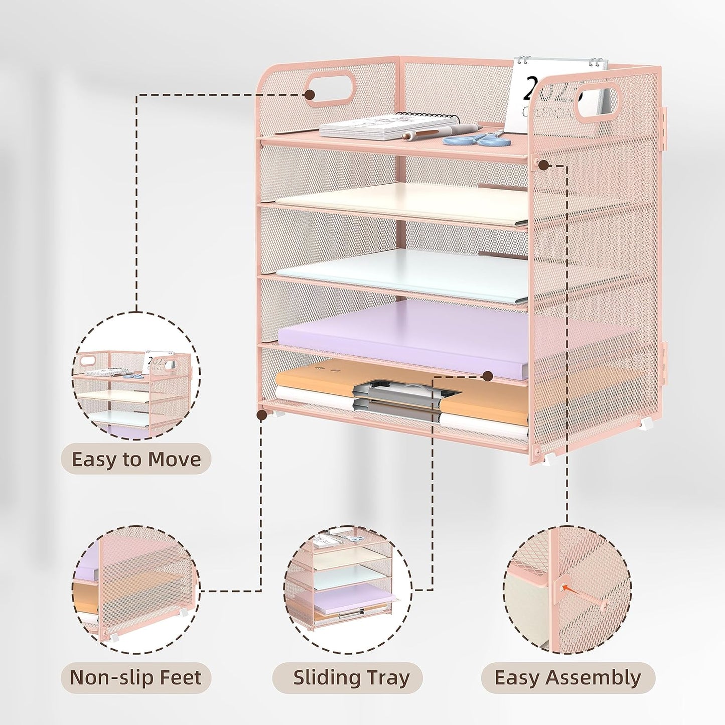 Supeasy 5 Trays Paper Organizer Letter Tray with Handle-Mesh Desk File Holders, Paper Sorter Desk Organizer for Office, Home, Classroom or School, White