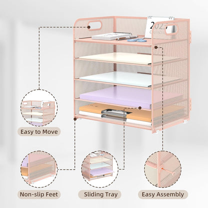 Supeasy 5 Trays Paper Organizer Letter Tray with Handle-Mesh Desk File Holders, Paper Sorter Desk Organizer for Office, Home, Classroom or School, White