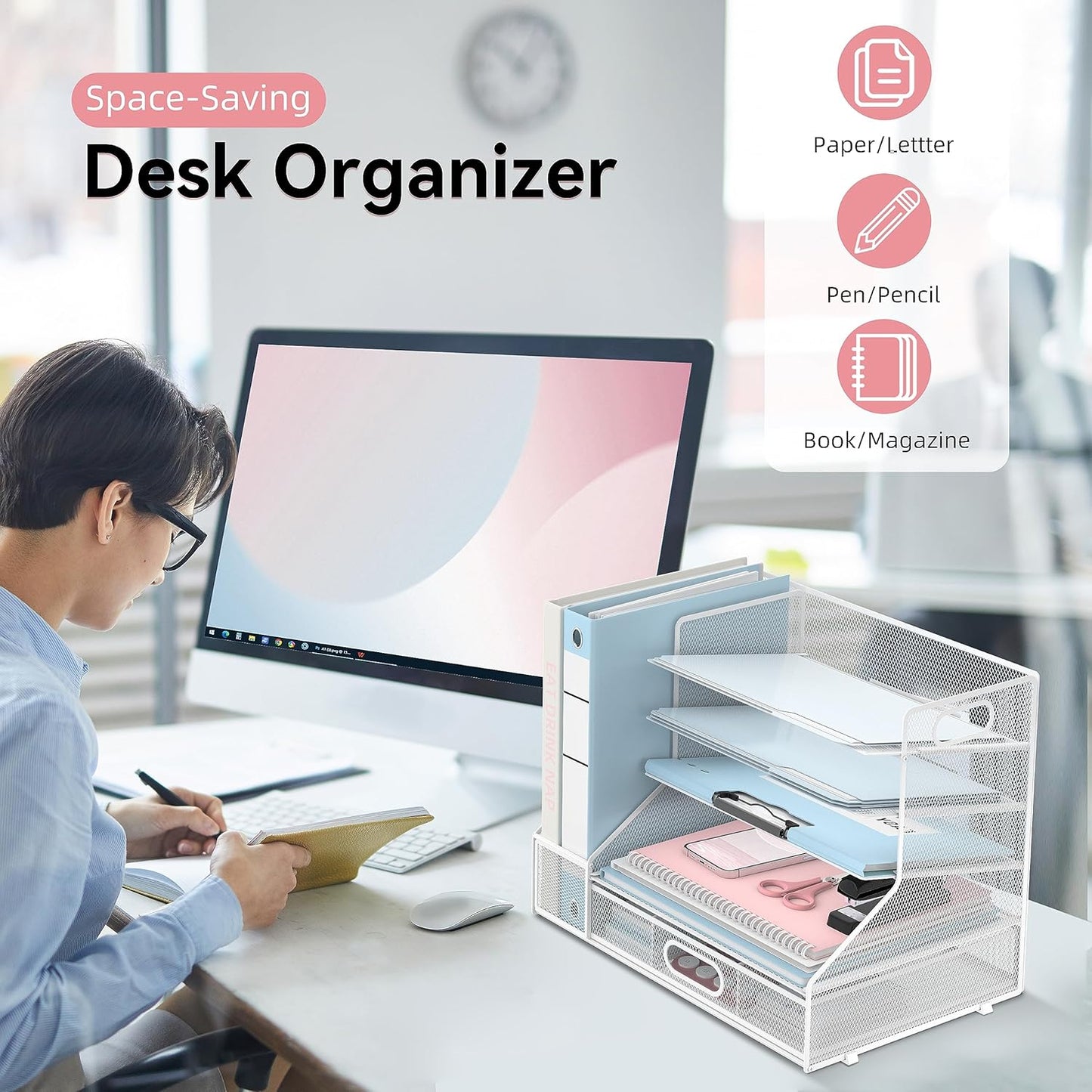 SUPEASY Desk Organizer with File Holder, 5-Tier Mesh Paper Letter Tray and 3 Tilted File Sorter for Office Supplies, Black