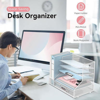 SUPEASY Desk Organizer with File Holder, 5-Tier Mesh Paper Letter Tray and 3 Tilted File Sorter for Office Supplies, Black