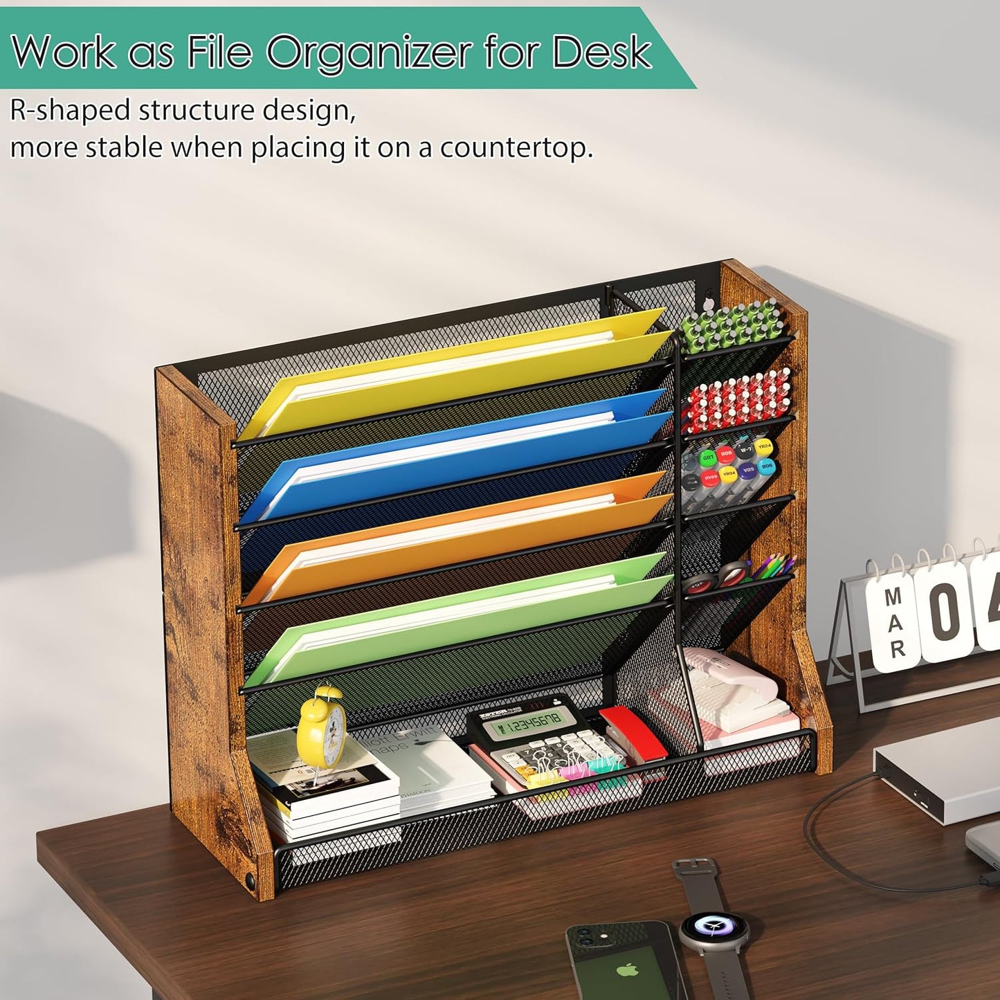 Jakyitvi File Organizer Wall Mounted, 4 Tiers Durable Adjustable Metal Desk Organizer, Desktop Hanging File Holder with 4 Pen Slots Stable, 4 Pull-Out Divider for File, Mail, Black, Patent Pending