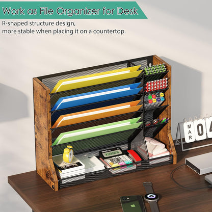 Jakyitvi File Organizer Wall Mounted, 4 Tiers Durable Adjustable Metal Desk Organizer, Desktop Hanging File Holder with 4 Pen Slots Stable, 4 Pull-Out Divider for File, Mail, Black, Patent Pending