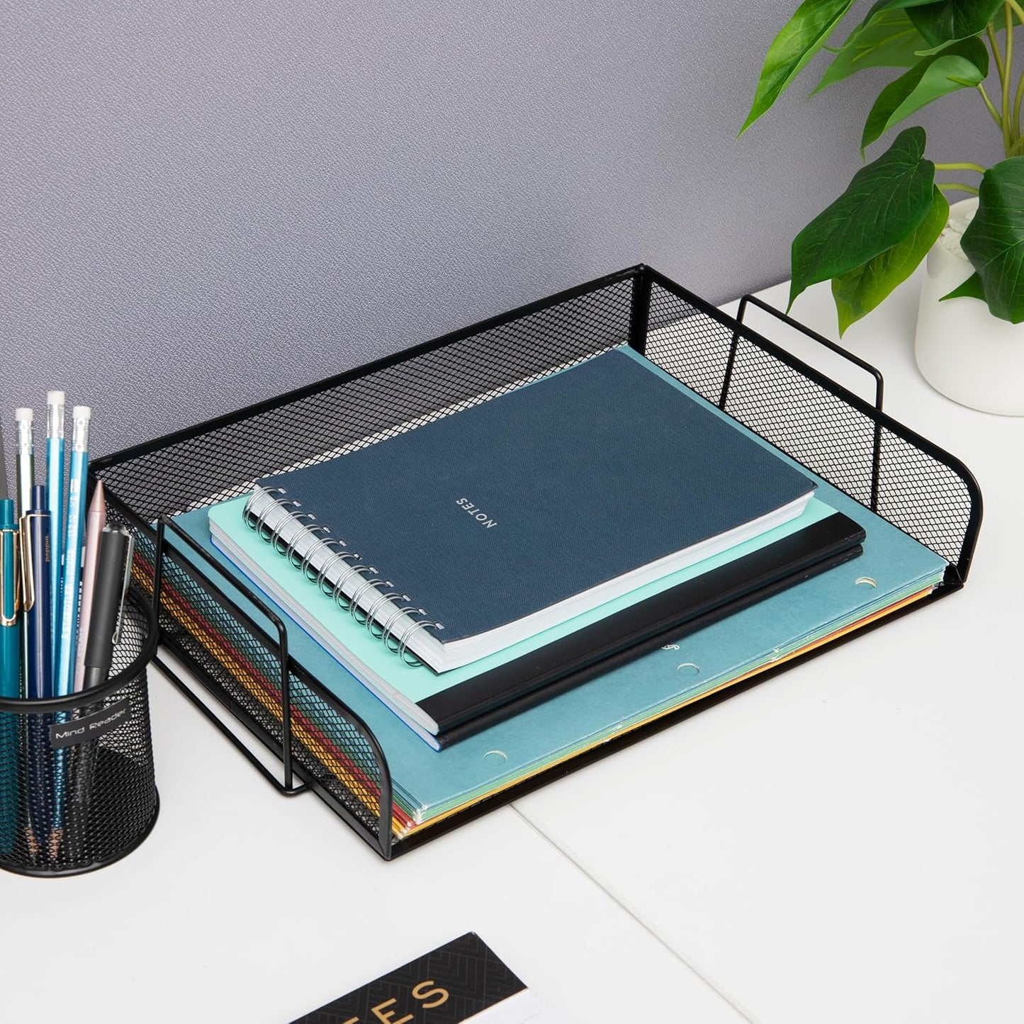Mind Reader Stackable Paper Tray, Desktop Organizer, File Storage, Office, Metal Mesh, 2 Pcs., Black