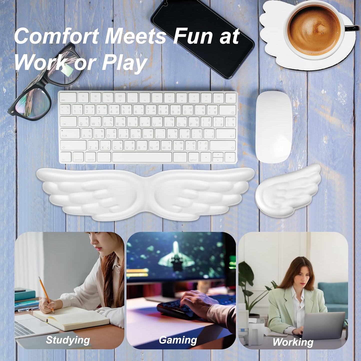 Angel Wing Wrist Rest,Cute Wrist Rest for Keyboard and Mouse,Hand Rests Set Include Ergonomic Keyboard & Mouse Hand Rest and Coaster,Filled Resilient Memory Foam,for Work,Study,Gaming (White)