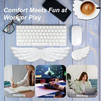 Angel Wing Wrist Rest,Cute Wrist Rest for Keyboard and Mouse,Hand Rests Set Include Ergonomic Keyboard & Mouse Hand Rest and Coaster,Filled Resilient Memory Foam,for Work,Study,Gaming (White)