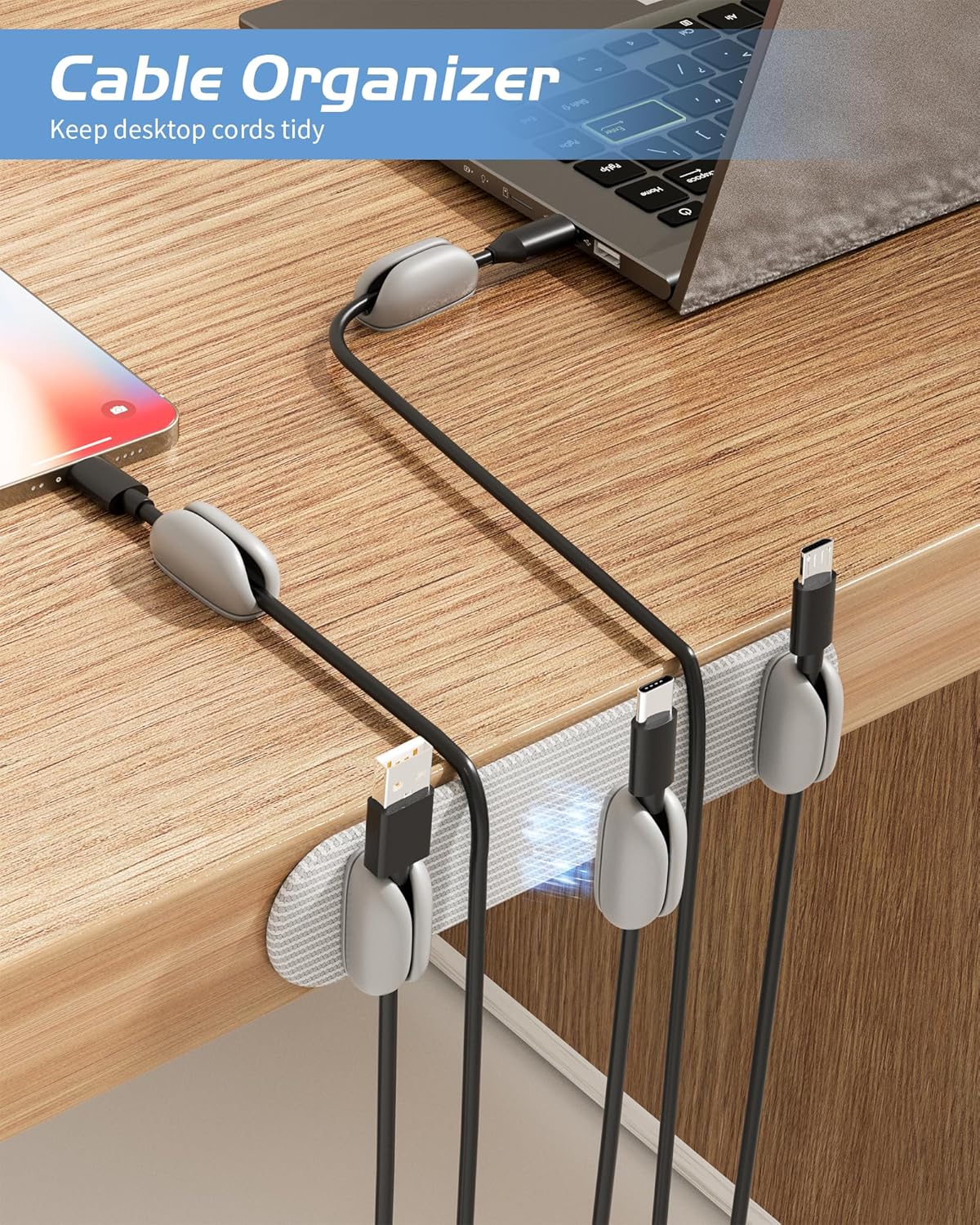 5-Pack Magnetic Cable Clips Cord Organizer - Smoothly Adjustable, Puretor Desk Cable Management Clips. Ideal Wire Holders for Desktop, Nightstand, Wall - Perfect for Home Office, Phone, Car (Black)
