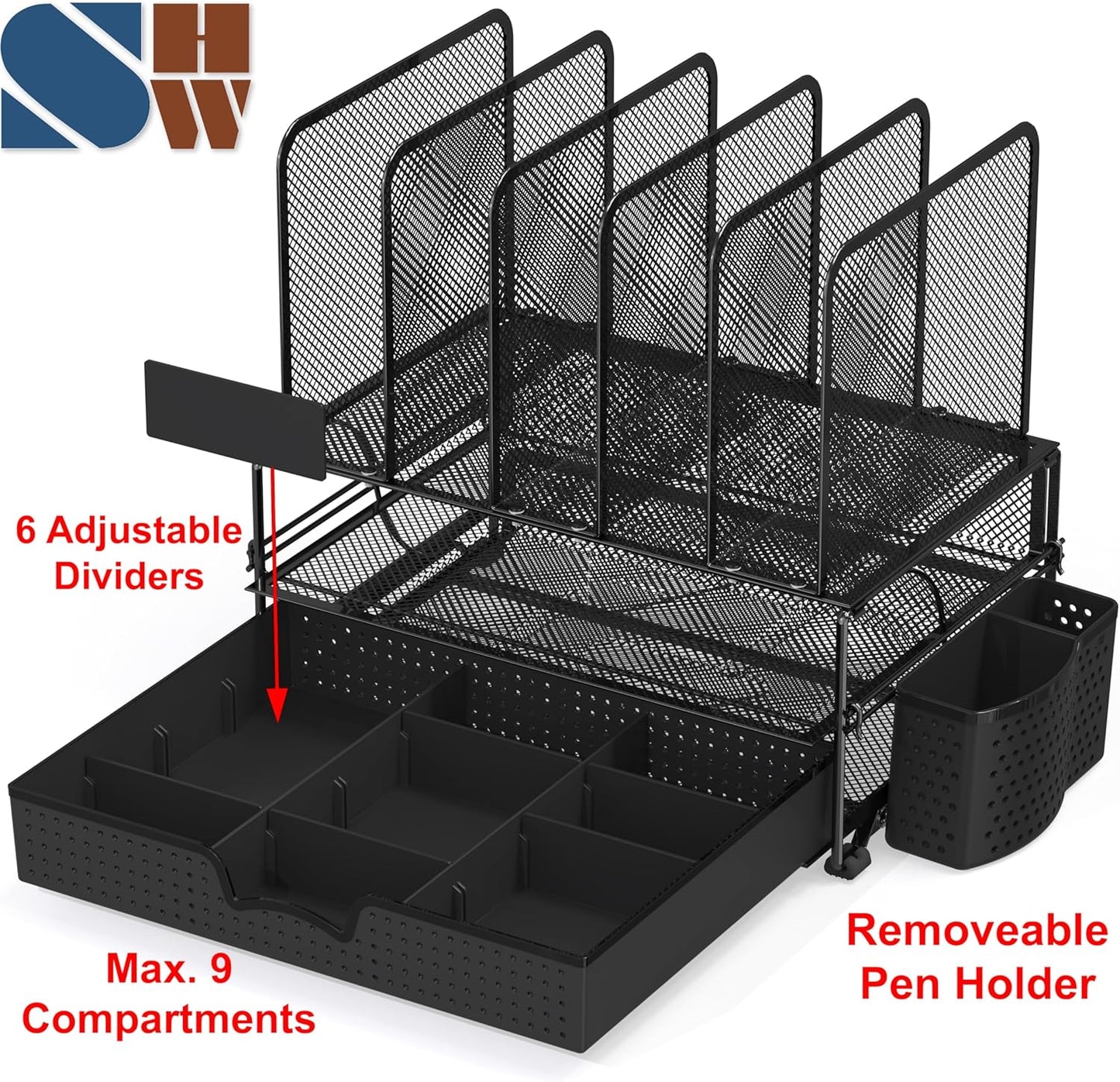 Simple Houseware Mesh Desk Organizer with Sliding Drawer, Double Tray and 5 Upright Sections, Black