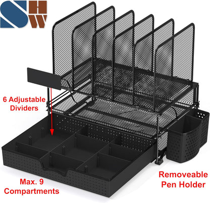 Simple Houseware Mesh Desk Organizer with Sliding Drawer, Double Tray and 5 Upright Sections, Black