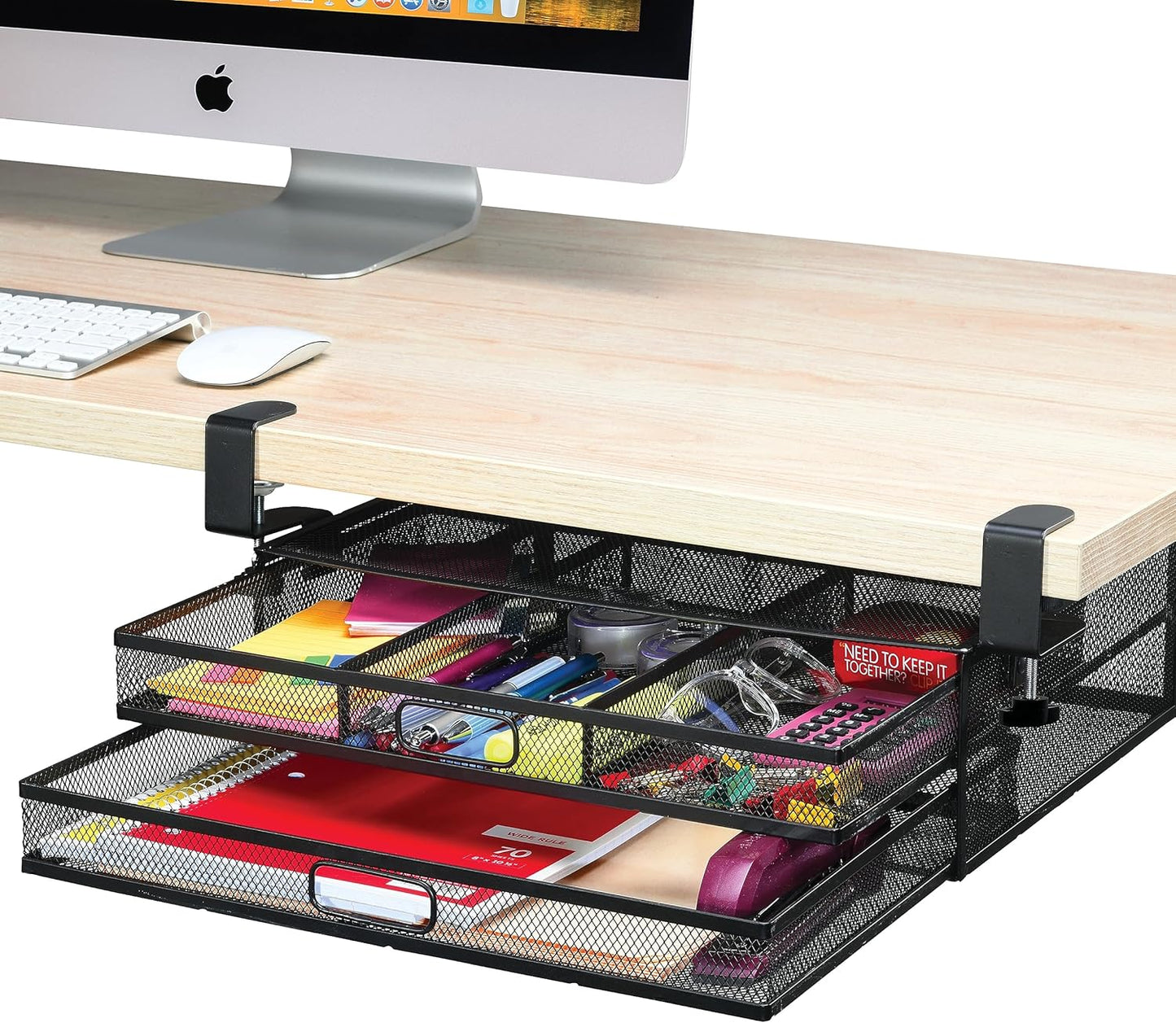 Under Desk Drawer Organizer Clamp-On, Mesh Metal Attachment, 1 Drawer Slide Out, On or Under Desk Organizer for Office Supplies & Home Essentials