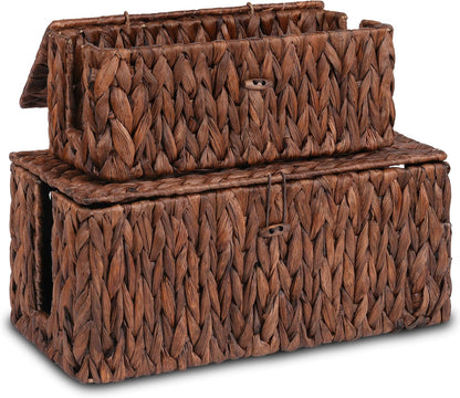 efluky 2 Pack Plastic Cable Management Boxes, Hand-Woven Cord Organizer Box with Lid, 2 Open Slots Cable Organizer Basket to Hide Power Strip and Charger for Home & Office and Dorm,Natural