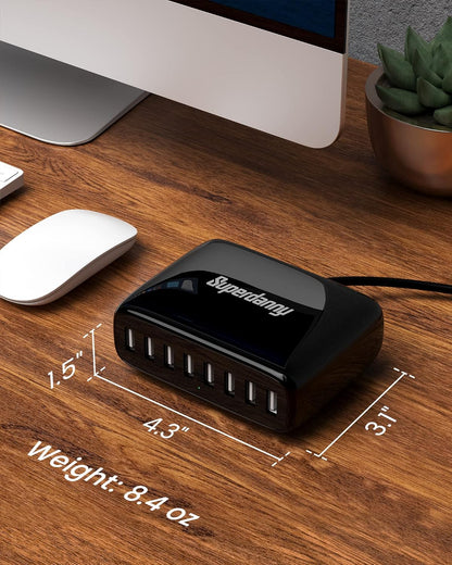 USB Charger Station, SUPERDANNY 8-Port Desktop Charging Station for Multiple Devices, Compatible with iPhone 11/X/Xs/Max/XR/SE/8/Plus, iPad Pro/Air/Mini, AirPods, Galaxy S10 Note, LG, and More, Black