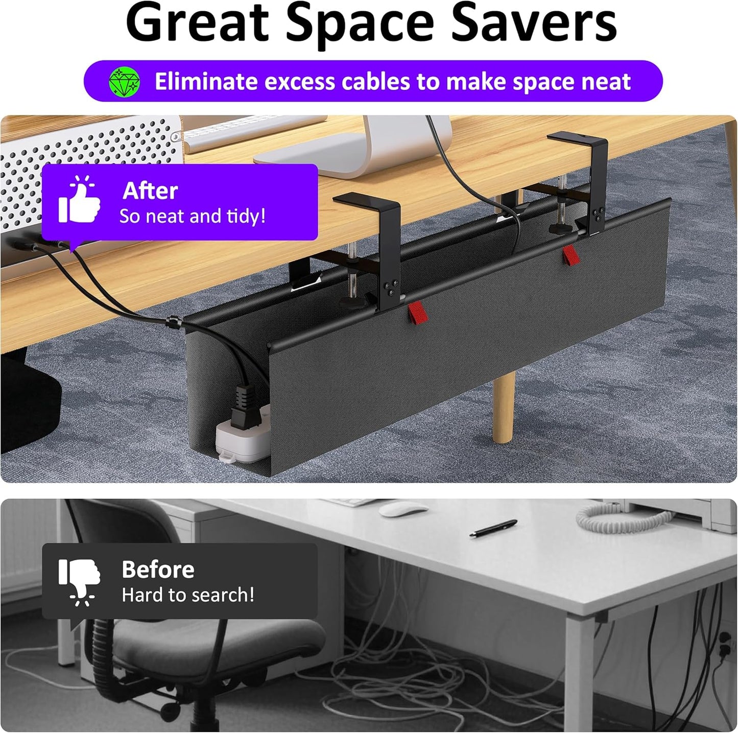 Under Desk Cable Management Tray - Under Desk Cord Management - Clamp/Screw Mount - Fabric Wire Management - Cable Raceways Tray Cord Hiders for Office/Home (Black, 35.8"×5.6")