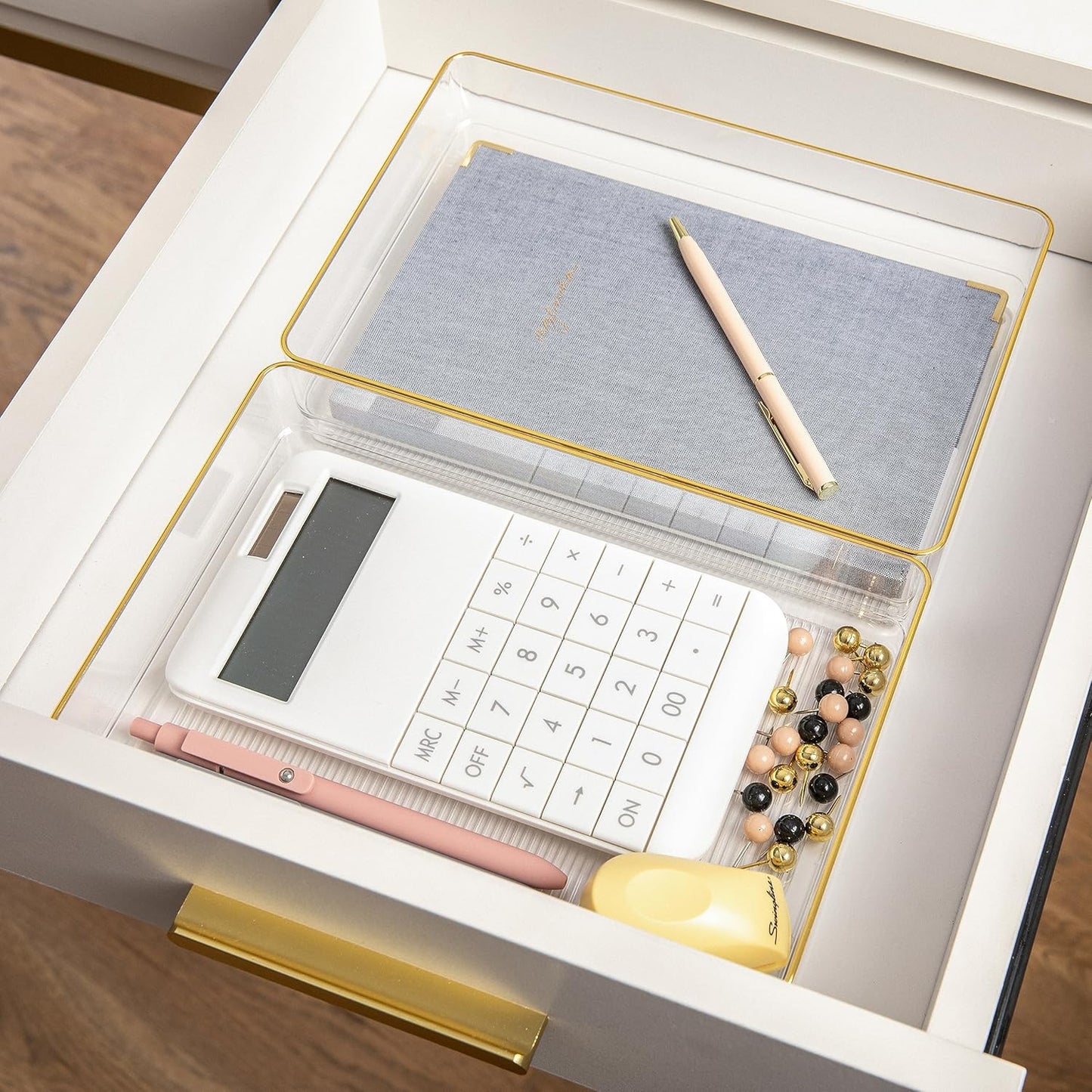 Martha Stewart Kerry Plastic Stackable Office Desk Drawer Organizers, 6" x 3", 6 Pack, with Gold Trim