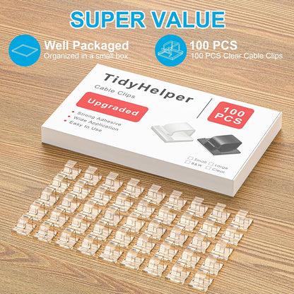 100 PCS Cable Clips, Upgraded Adhesive Cord Clips for Wires on Wall, Strong Wire Holders Cord Organizer for Cable Management, Christmas Lights, USB, Phone Charger, Cat 6, Car Dash Cam (Small, Clear)