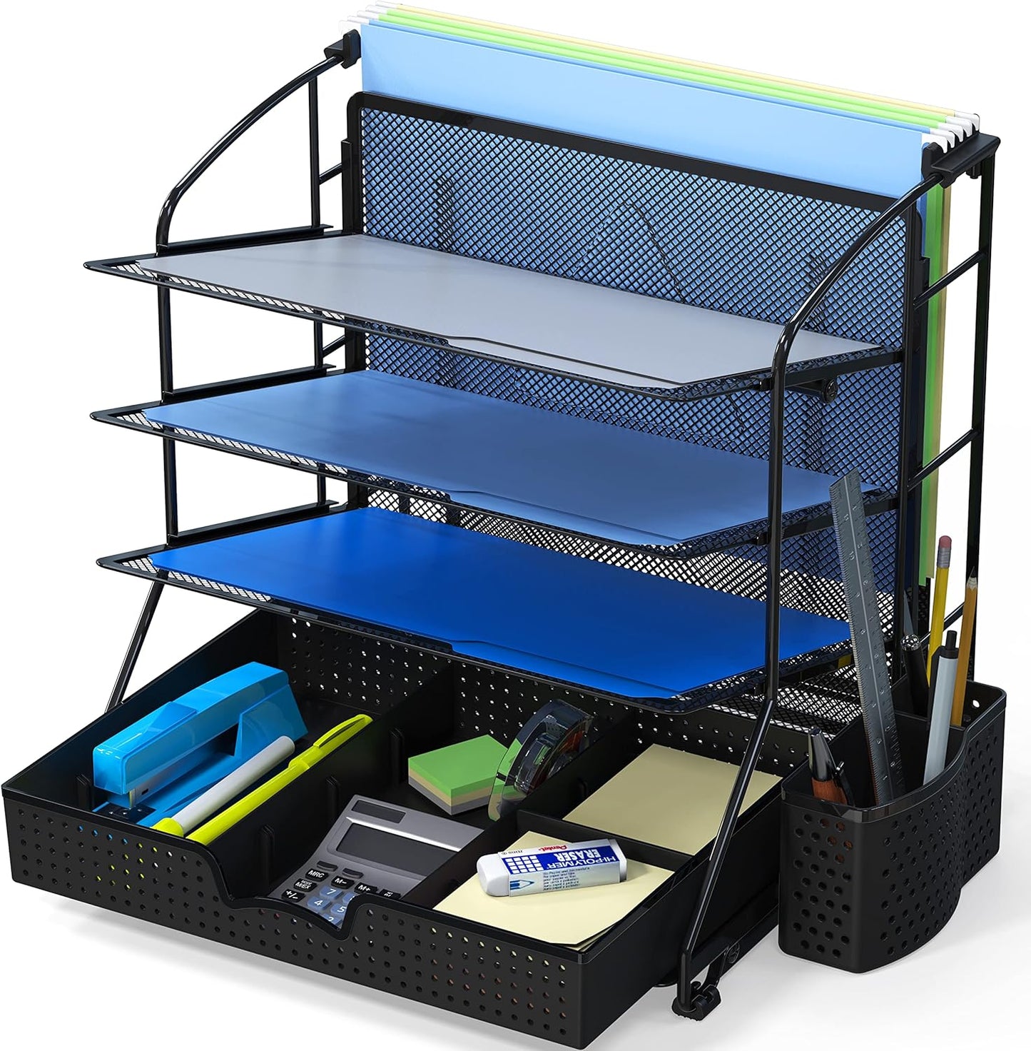 Simple Houseware Desktop Document Tray Organizer with Sliding Drawer/Caddy/Hanging File Section, Black