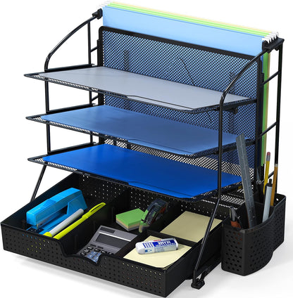 Simple Houseware Desktop Document Tray Organizer with Sliding Drawer/Caddy/Hanging File Section, Black