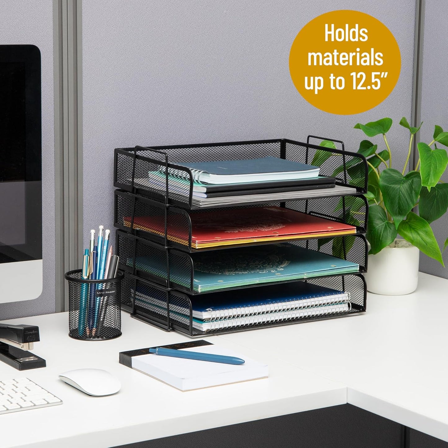 Mind Reader Stackable Paper Tray, Desktop Organizer, File Storage, Office, Metal Mesh, 4 Pcs., Black