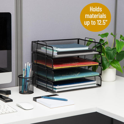 Mind Reader Stackable Paper Tray, Desktop Organizer, File Storage, Office, Metal Mesh, 4 Pcs., Black