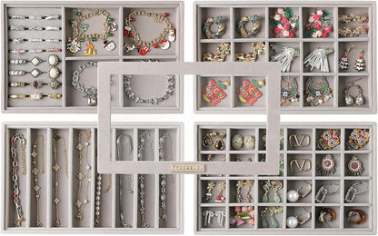 Frebeauty Stackable Jewelry Trays, Velvet Drawer Jewelry Organizer with Glass Lid,5 in 1 Multi-Functional Jewelry Storage for Earrings Necklaces Rings, 10.5 x 6.5 x 5.55 Inches Gift for Women(Beige)