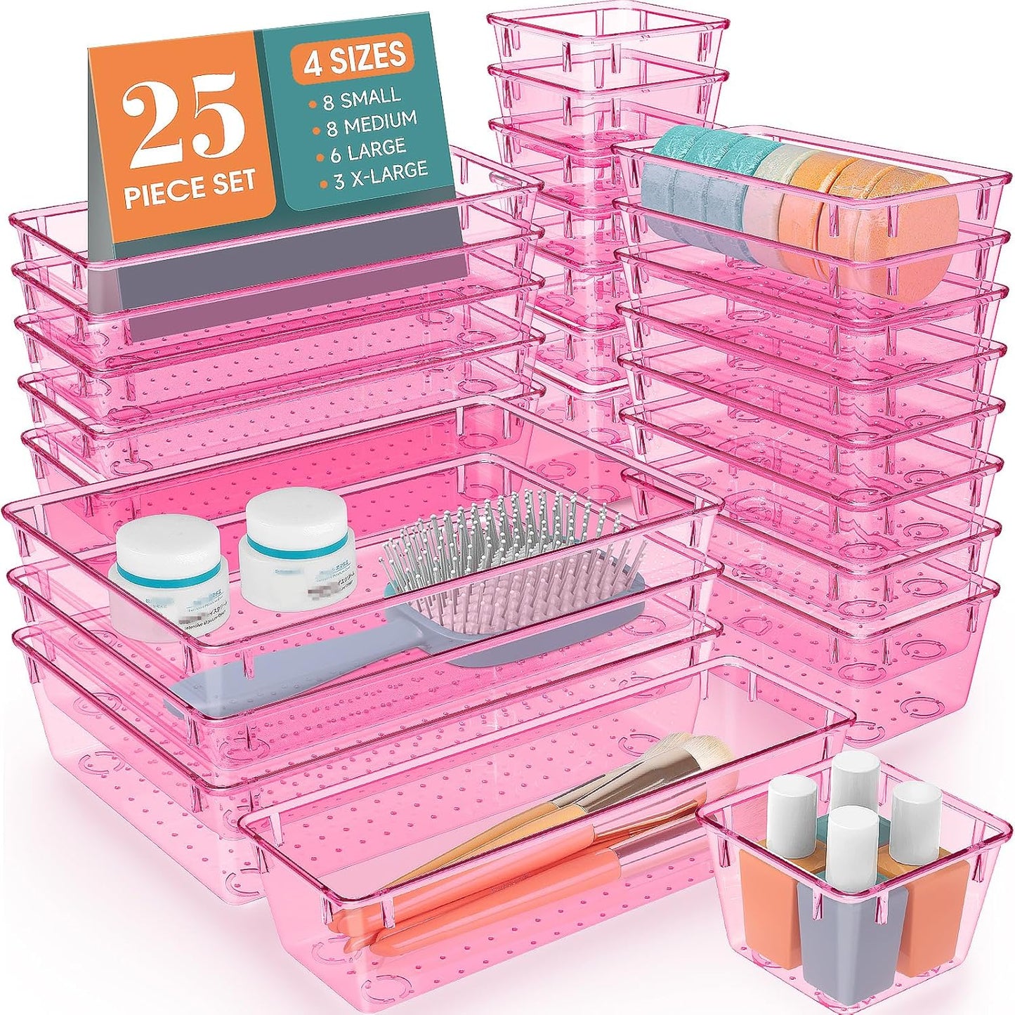 WOWBOX 25 PCS Clear Plastic Drawer Organizer Set, 4 Sizes Desk Drawer Divider Organizers and Storage Bins for Makeup, Jewelry, Gadgets for Kitchen, Bedroom, Bathroom, Office