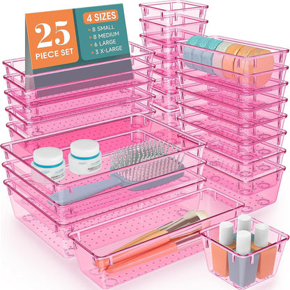 WOWBOX 25 PCS Clear Plastic Drawer Organizer Set, 4 Sizes Desk Drawer Divider Organizers and Storage Bins for Makeup, Jewelry, Gadgets for Kitchen, Bedroom, Bathroom, Office