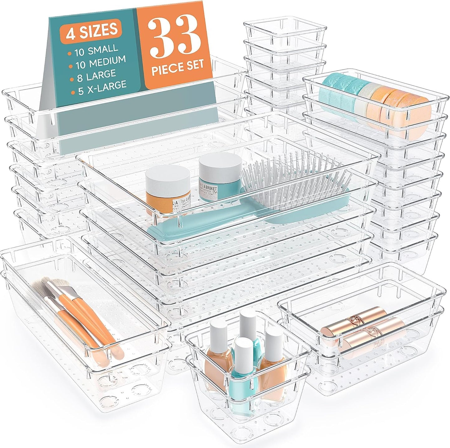 StorMiracle 28 PCS Clear Plastic Drawer Organizers Set, 4 Size Desk Drawer Organizer Trays for Makeup, Jewelry, Kitchen Utensils, Gadgets and Office Accessories