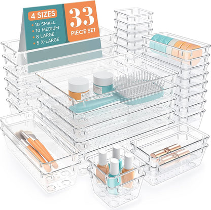 StorMiracle 28 PCS Clear Plastic Drawer Organizers Set, 4 Size Desk Drawer Organizer Trays for Makeup, Jewelry, Kitchen Utensils, Gadgets and Office Accessories