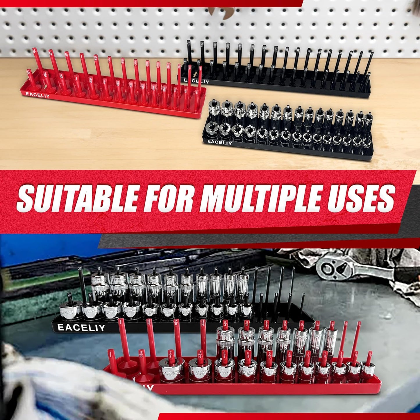 EACELIY 6-Piece Magnetic Socket Organizer Set, 1/2", 1/4" and 3/8" SAE & Metric Deep & Shallow Socket Holder Kit, holds 141 stanard Sockets, attaches to steel box/tool cart (sockets not included)