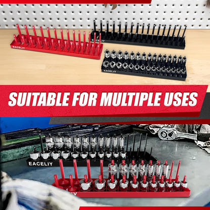 EACELIY 6-Piece Magnetic Socket Organizer Set, 1/2", 1/4" and 3/8" SAE & Metric Deep & Shallow Socket Holder Kit, holds 141 stanard Sockets, attaches to steel box/tool cart (sockets not included)