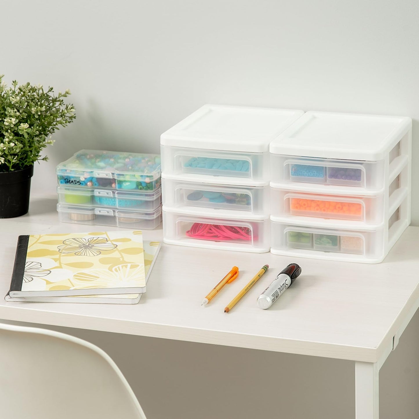 IRIS USA Plastic Stacking Desk Top 3-Drawer Storage Organizer, 2-Pack, for Makeup Vanity Nail Polish Bathroom Stationery Art Craft Supplies Kitchen Office Garage and Small Organization, Small, Black